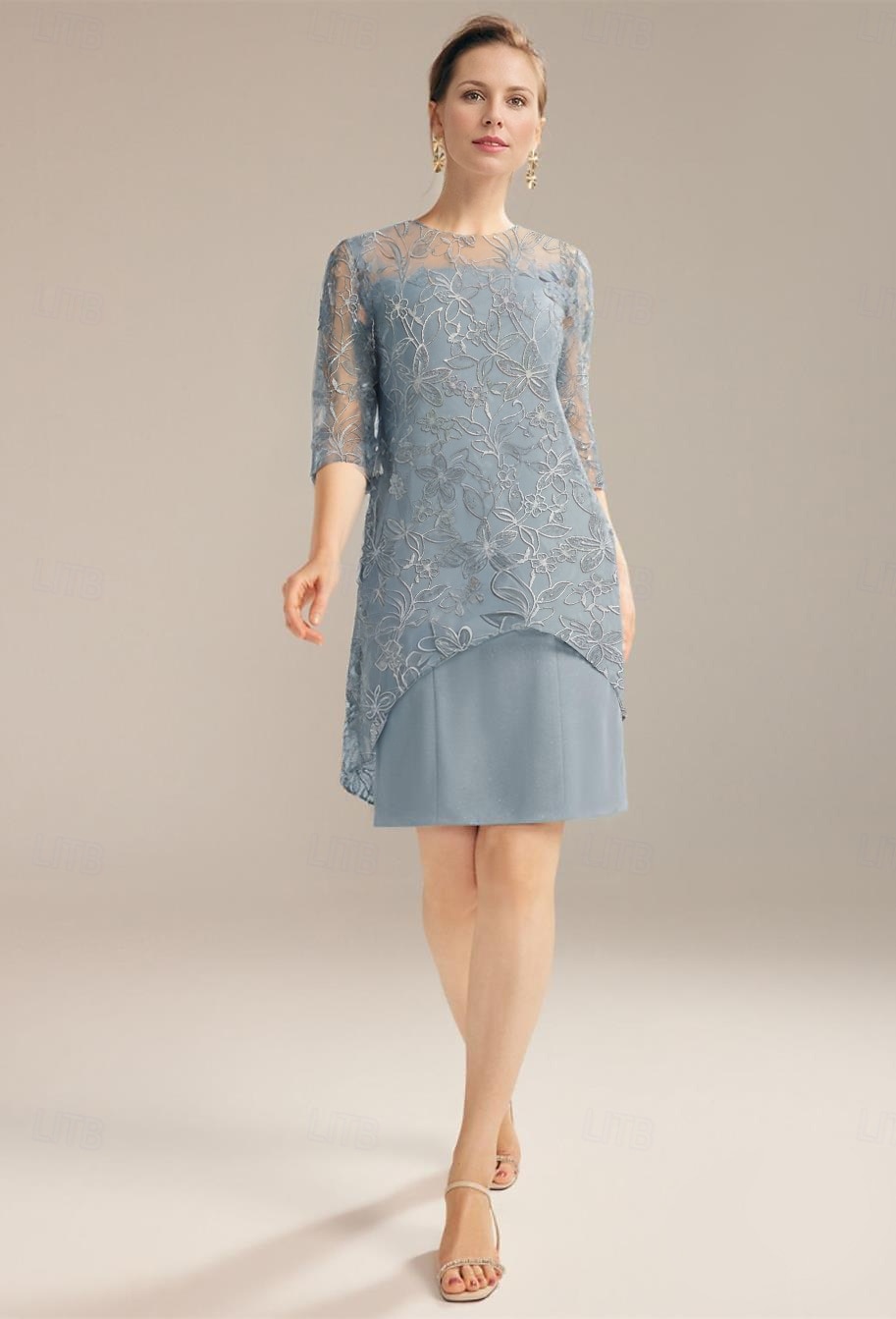 Robe en A robe de mère de la mariée élégante petite encolure arrondie longueur genou chiffon manches mi-longues avec plis couleur unie de 2025 ? $154.99 –P1