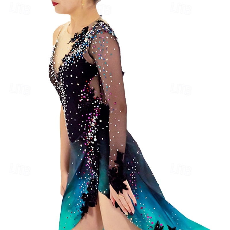 Vestidos para Patinação Artística Mulheres Para Meninas Patinação no Gelo Vestidos Preto Patchwork Thumbhole Com Transparência Elastano Com Stretch Treino Ensaio / Prática Profissional Roupa para de 2026 por $249.29 –P1