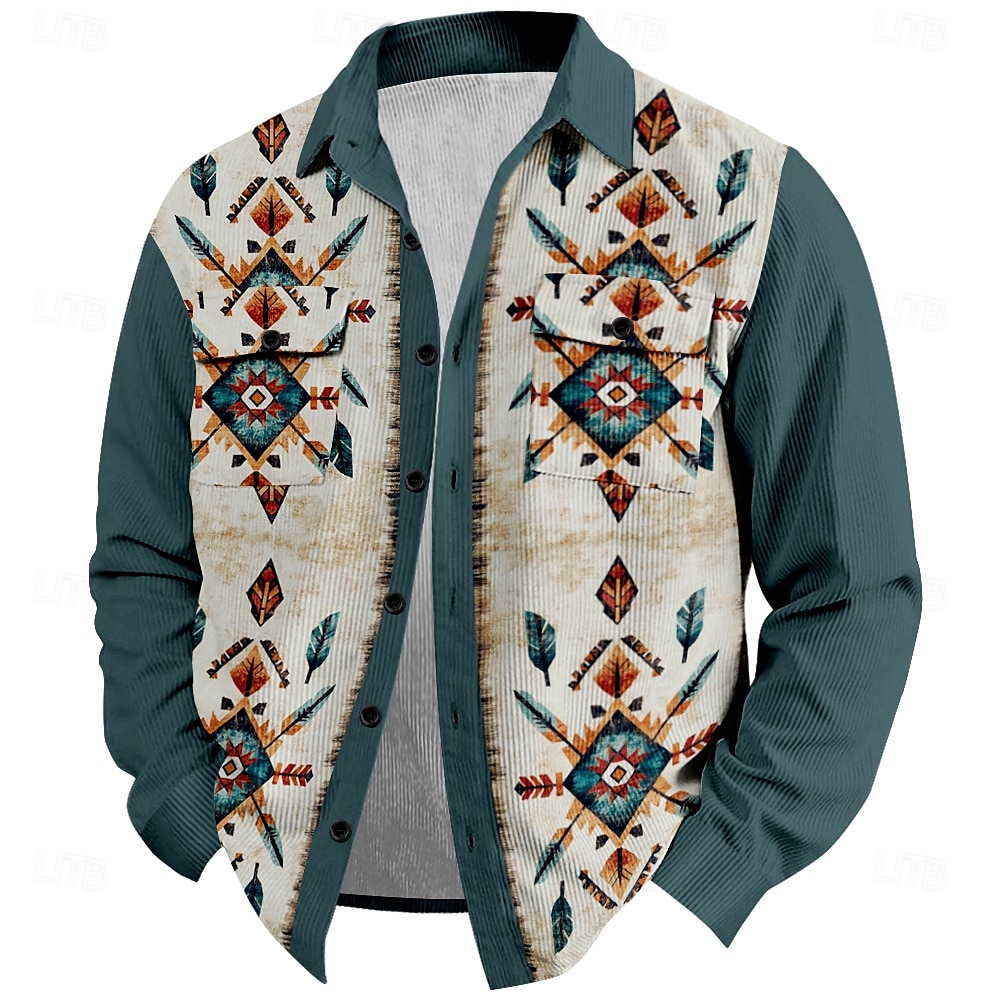 Pánské Kovbojské Kordurová košile Košile bunda Overshirt Dlouhý rukáv Vinobraní vesternový styl Venkovní Na den Ležérní Podzim zima Přehnutý Košile s límečkem 3D tisk Knoflíky 2 kapsy 1ks Černá Vodn 2026 - $40.99 –P4