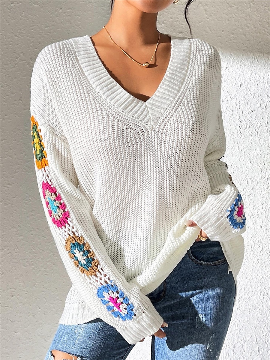 Per donna Felpa Informale Morbido Floreale Uncinetto A V Lavorato a maglia Manica lunga Top regolari Maglia Esterno Giornaliero Fine settimana Nero Bianco Autunno Inverno del 2025 a $31.99 –P1