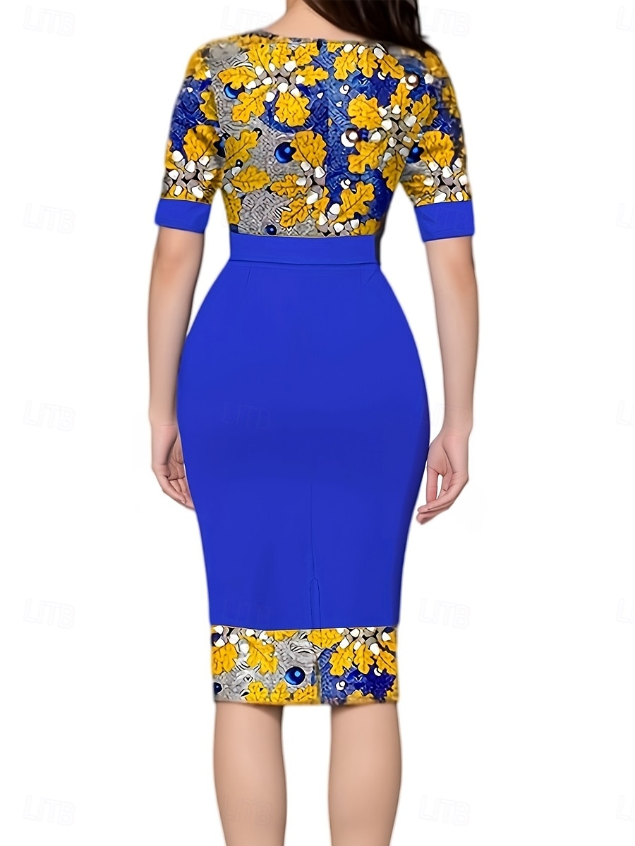 Dam Arbetsklänning Skiftklänning Elegant Kontor Dagligen Midiklänning Mönster Rund hals Halvlång ärm Blommig Smal Gul Blå Vår Höst S M L XL 2XL 2025 - $39.99 –P4