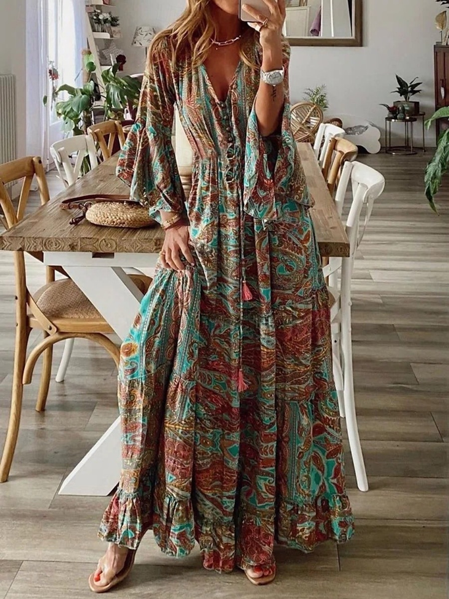 Damen Maxidress Casual kleid Schaukelkleid A Linie Kleid Boho-Kleid Brautkleider schlicht Täglich Regular Fit Blumen Langarm V Ausschnitt Rote Blau Purpur Orange Sommer Frühling Herbst 2025 - $41.99 –P3