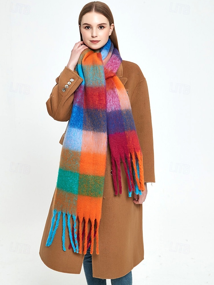 Bufanda de invierno de gran tamaño con cuadros coloridos para mujer | Chal suave y cálido similar a la lana con borlas | Accesorio moderno para clima frío para atuendos casuales y formales 2025 - $14.99 –P2