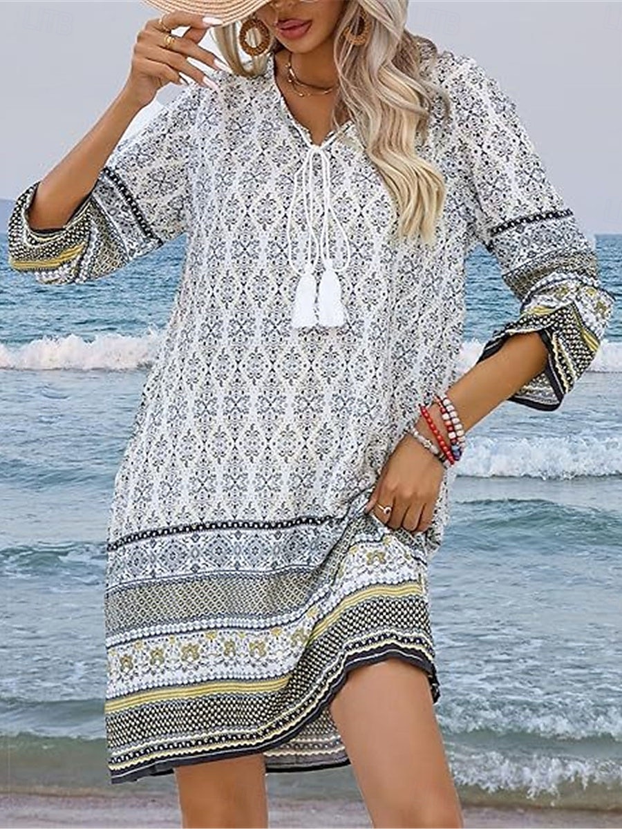 Dámské Mini šaty Volnočasové šaty Boho šaty Na běžné nošení Denní Běžný Květinový 3/4 délka rukávu Do V Bílá Světlá růžová Námořnická modř Léto Jaro 2025 - $25.99 –P13