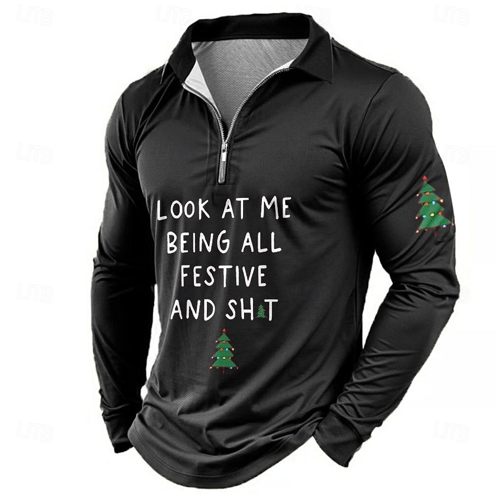 Jul Herr Julgran Zip Polo Långärmad Polotröjor Krage Semester Festkvällskläder Nyårsskjortor 3D-utskrift Vår Höst vinter Svart Rubinrött Blå 2025 - $25.99 –P5