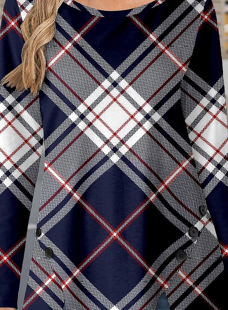 Dame T skjorte Ruter Fritid Langermet Crew-hals Vanlige topper Daglig Knapper Trykt mønster Asymmetrisk Navyblå Vår & Vinter 2025 - $24.99 –P3