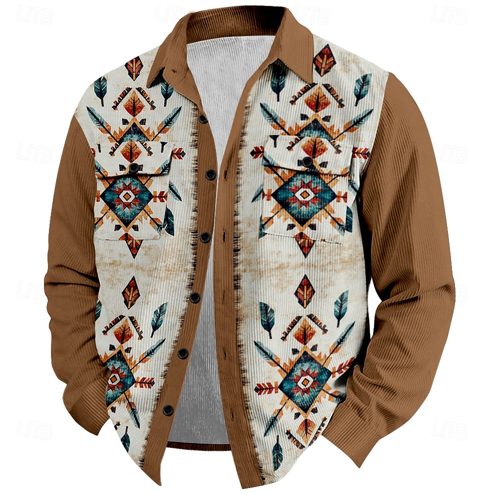 Pánské Kovbojské Kordurová košile Košile bunda Overshirt Dlouhý rukáv Vinobraní vesternový styl Venkovní Na den Ležérní Podzim zima Přehnutý Košile s límečkem 3D tisk Knoflíky 2 kapsy 1ks Černá Vodn 2026 - $40.99 –P1