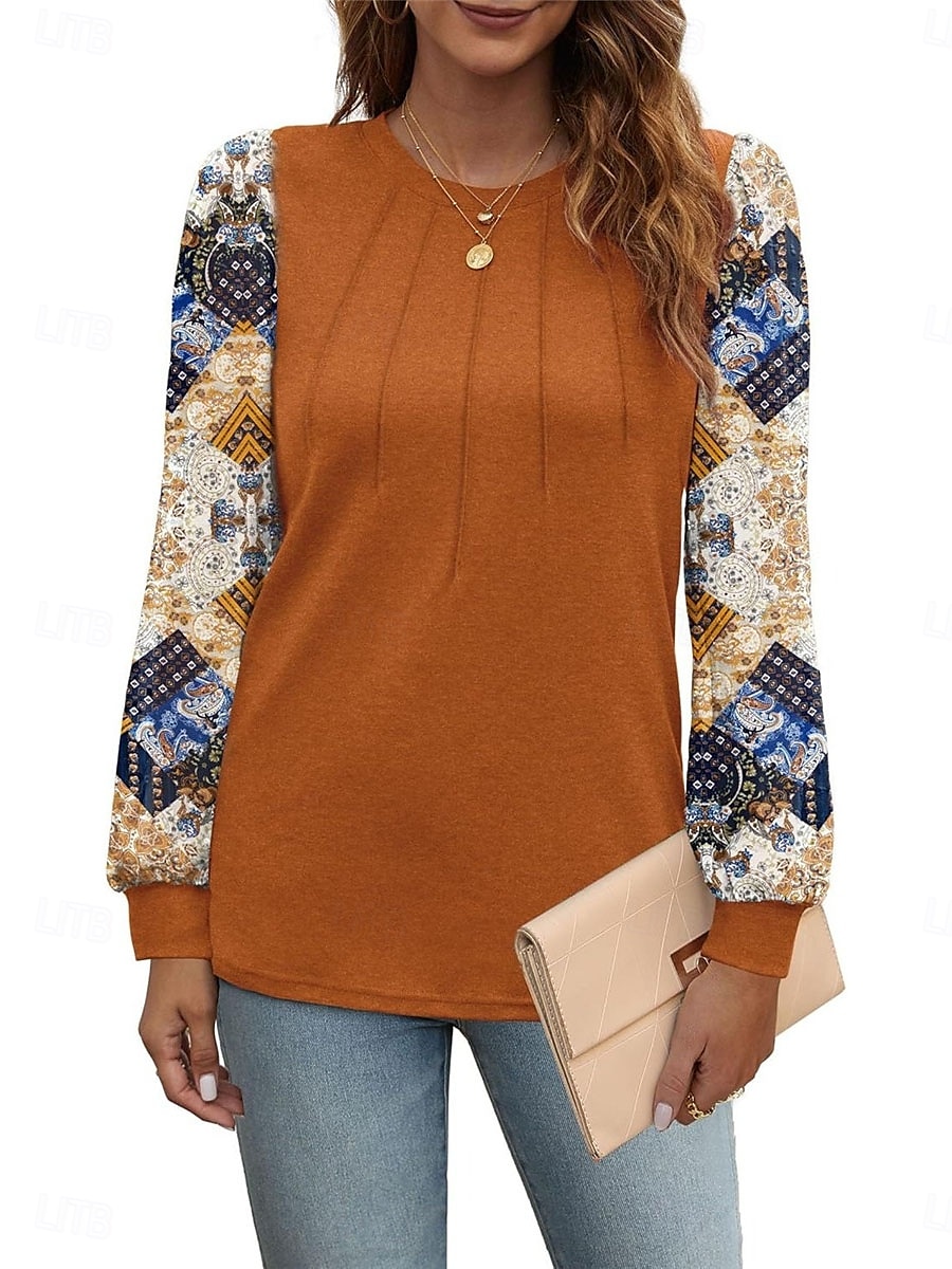Per donna Camicia Blusa Floreale Informale Manica lunga Girocollo Top regolari Giornaliero Collage Stampa Nero Marrone Autunno Inverno del 2025 a $29.99 –P5