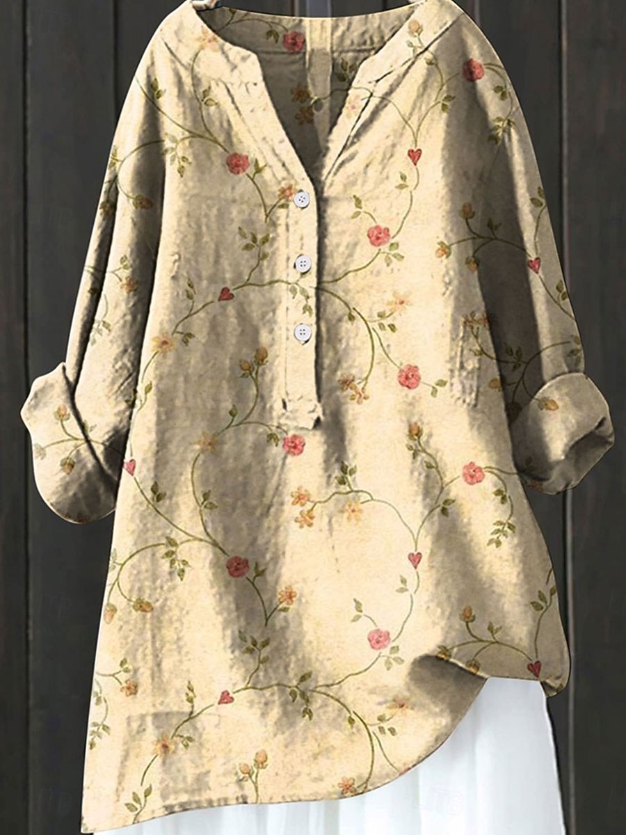 Per donna Camicia Finto cotone e lino Manica Lunga Scollo a V Giallo Verde Primavera Autunno del 2026 a $23.99 –P2