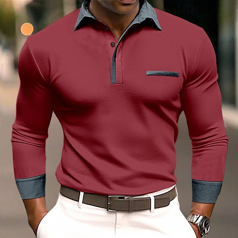 Herren Poloshirts Golf Poloshirts Strasse Geschäft Kargen Klassisch Langarm Modisch Basic Patchwork Tasche Farbblock Herbst Winter Jahreszeiten Regular Fit Hellblau Babyblau Schwarz Weiß Burgunderrot 2025 - $26.99 –P7