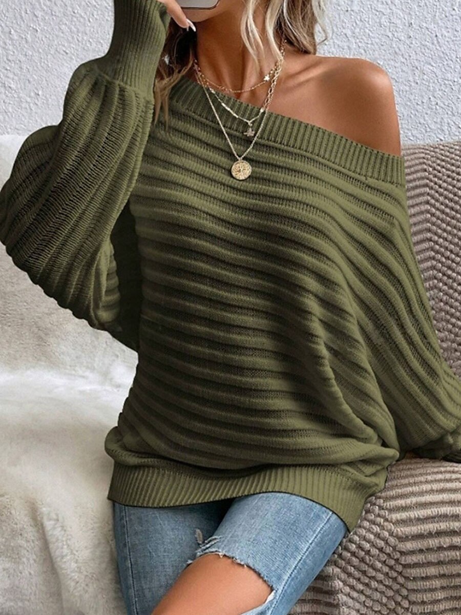 Women's Sweater Casual Soft Pure Color Ribbed Boat Neck Knitted Long Sleeve Regular Tops Knit Outdoor Daily Weekend Black White Fall Winter 2025 - $45.99 –P3