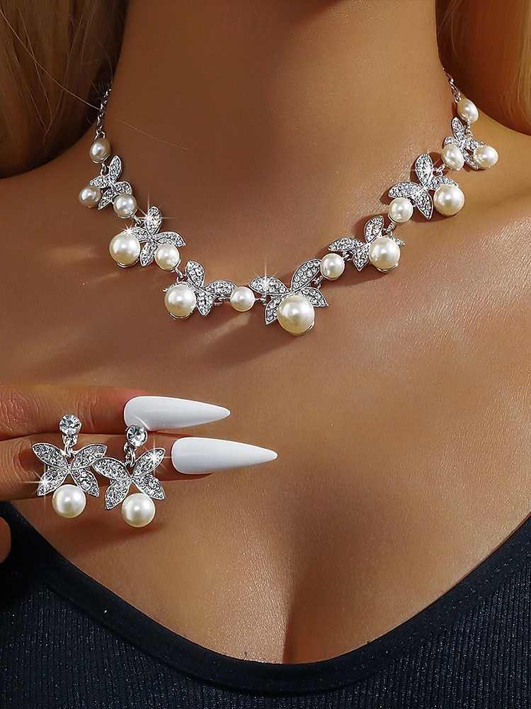 Elegant Pearl Butterfly Necklace and Earrings Set | Rhinestone-Embellished Bridal Jewelry for Weddings, Parties, and Formal Events 2025 - $14.99 –P1