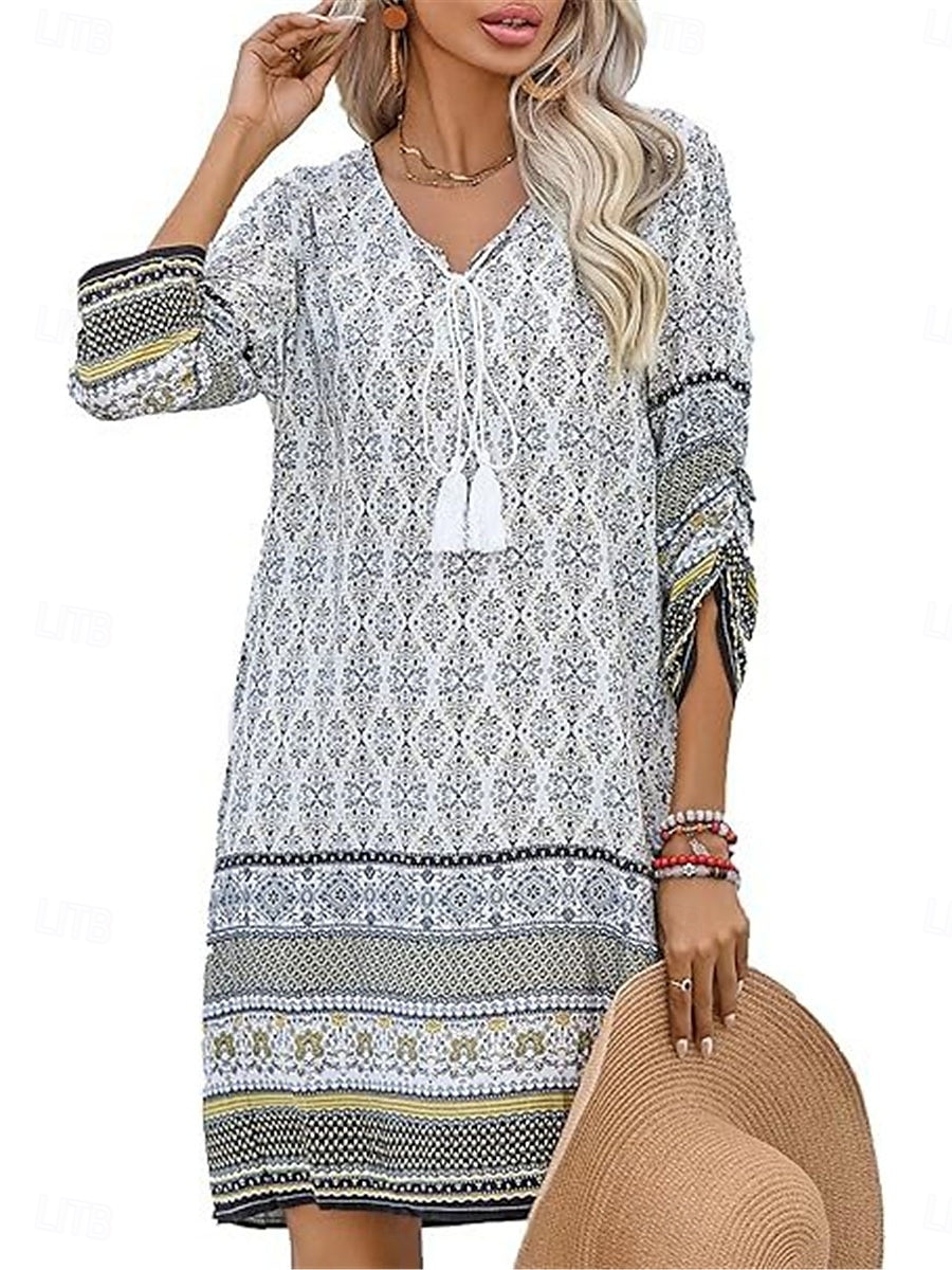 Dámské Mini šaty Volnočasové šaty Boho šaty Na běžné nošení Denní Běžný Květinový 3/4 délka rukávu Do V Bílá Světlá růžová Námořnická modř Léto Jaro 2025 - $25.99 –P14