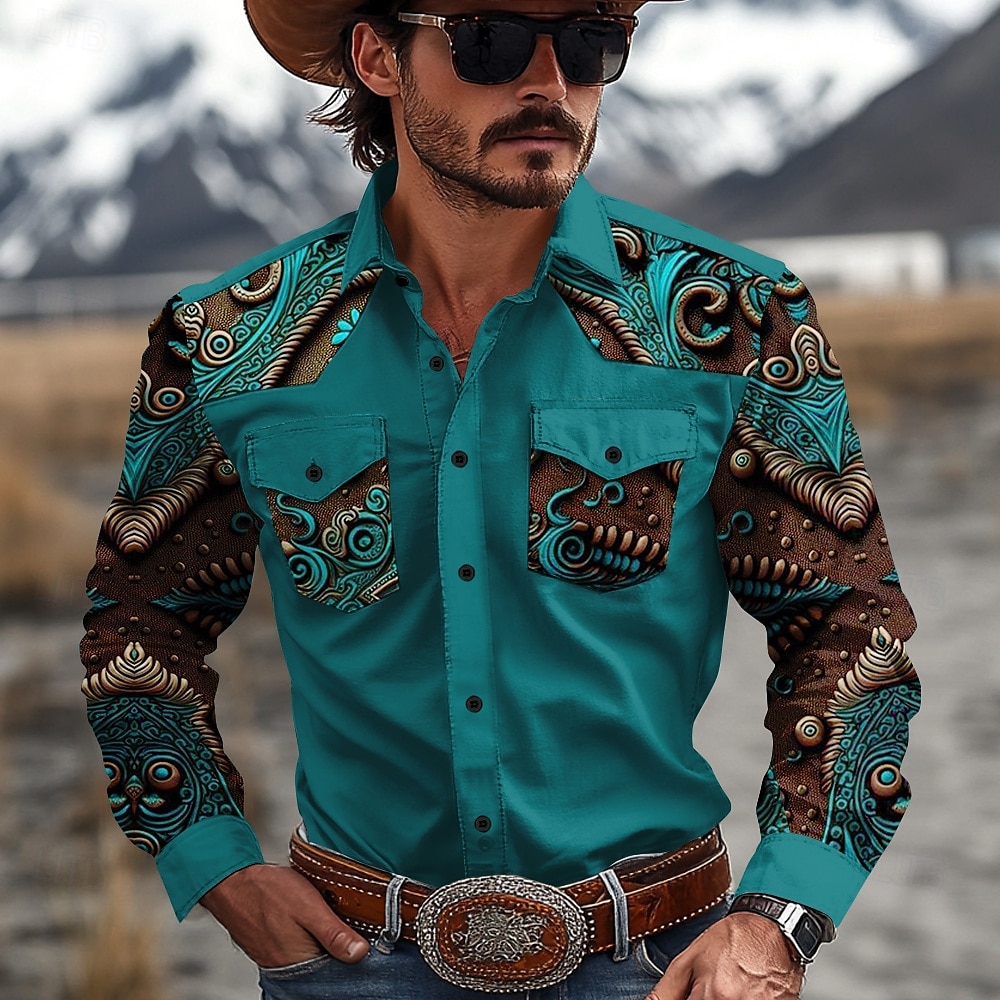 Per uomo Floreale Camicia Western Camicia da cowboy Manica Lunga Western Sport Primavera Autunno Collo ripiegato Patchwork Giallo Rosso Marrone Verde Grigio del 2025 a $31.99 –P7