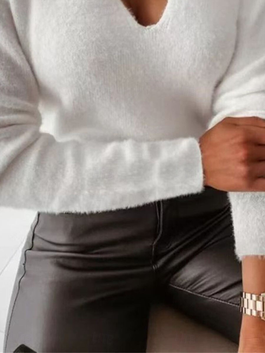 Dames Overhemd Blouse Effen Kleur Basic Casual Lange mouw Strakke ronde hals Normale tops Dagelijks Lapwerk Wit Herfst Winter 2025 - $36.99 –P3