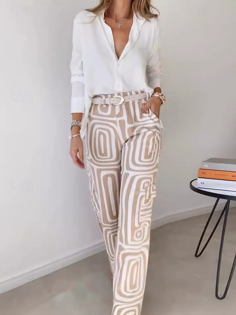 Women's Fashion Streetwear Daily Shirt Linen-Inspired Sets Two Piece Sets Dress Pants Long Sleeve Bishop Sleeve Shirt Collar Plain Printing Patchwork Print Formal Casual Daily Khaki Fall Regular Fit 2025 - $31.99 –P2