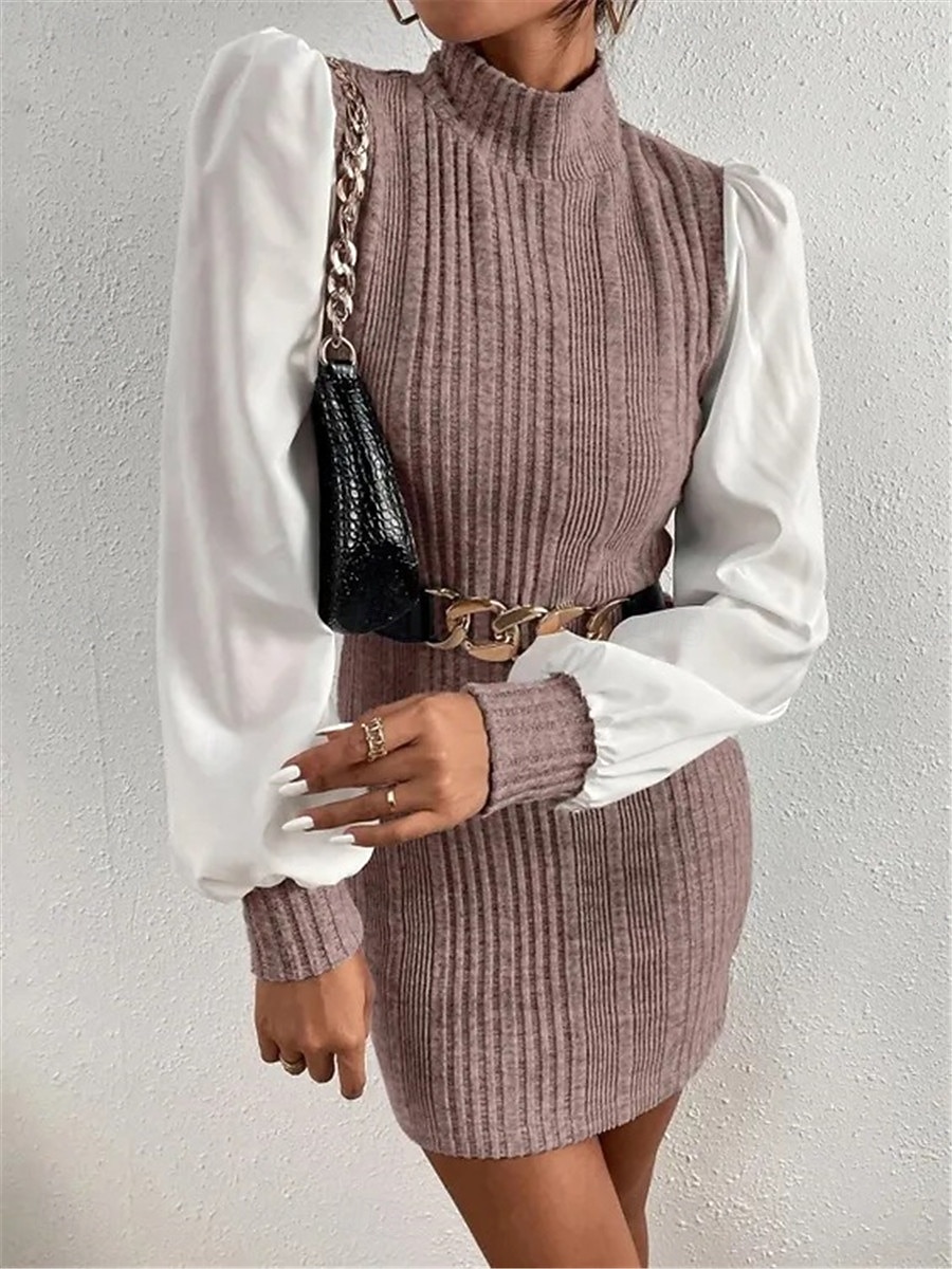 Damen Casual kleid Minikleid Patchwork Brautkleider schlicht Ständer Langarm Braun Beige Farbe 2026 - $33.99 –P10