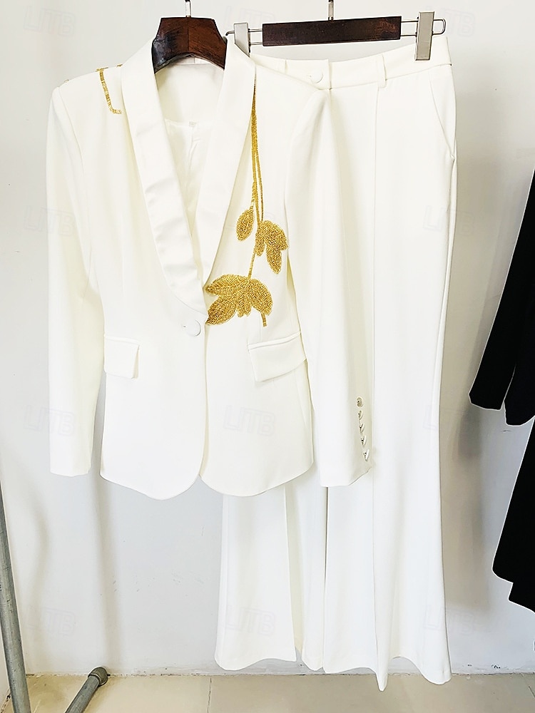 Tuxedo noir et blanc Tuxedo deux pièces Mère de la mariée pantalon blazer costumes vintage formel mariage manches longues col haut avec paillettes et franges de 2025 ? $179.99 –P6