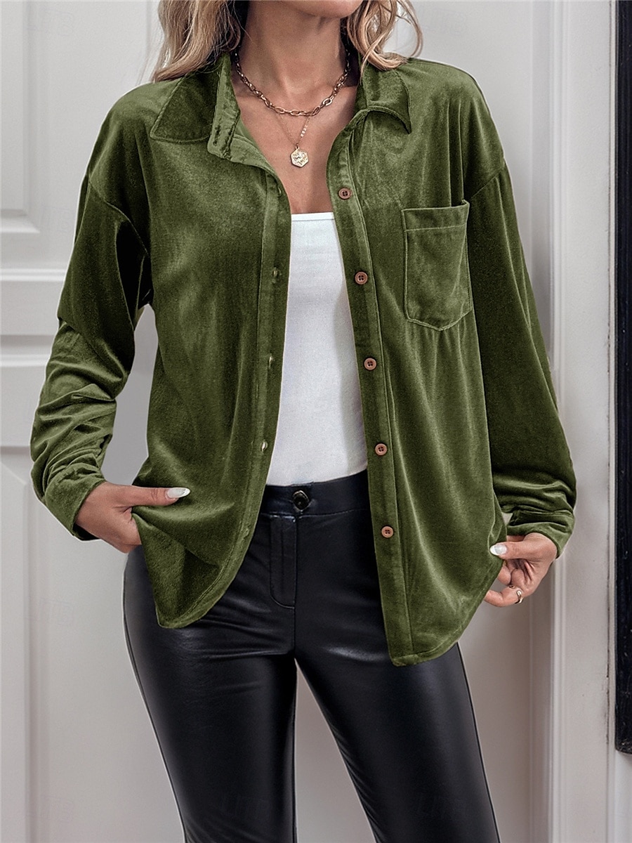 Dames Overhemd Blouse Effen Kleur Basic Casual Lange mouw V-hals Normale tops Dagelijks Lapwerk Knop Zak Wijn Bruin Groen Herfst Winter 2025 - $36.99 –P6