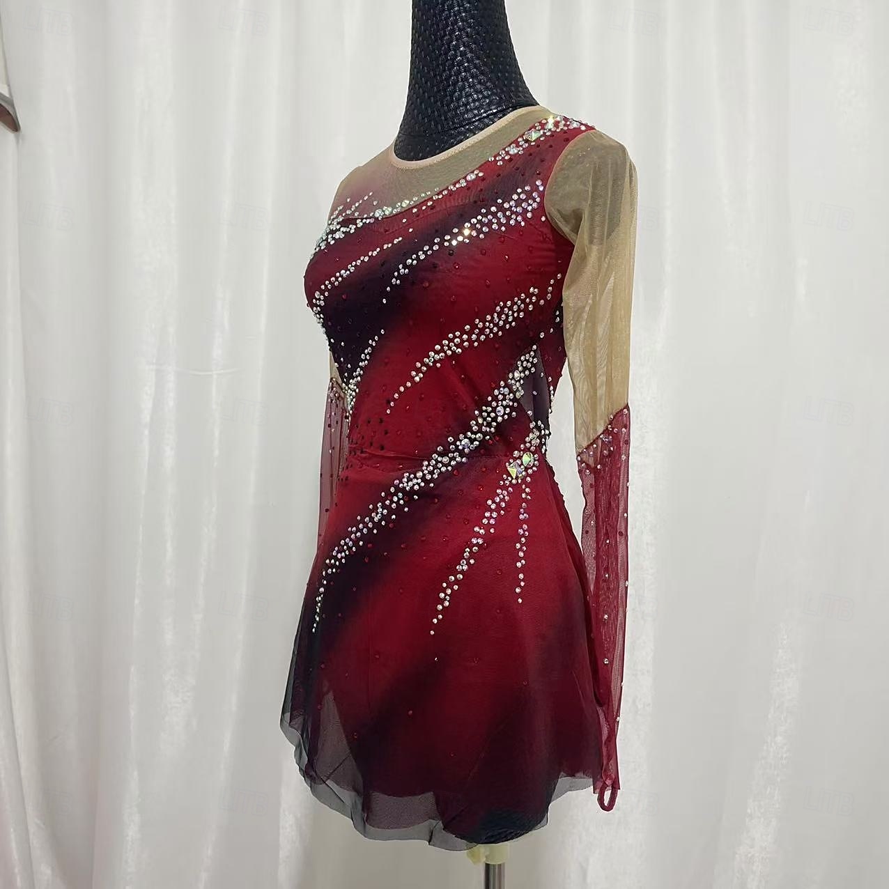Figure skating costumes for adults and children customized red spandex mesh grading performance costumes competition training rhinestone women's skirts performance costumes 2025 - $249.69 –P6