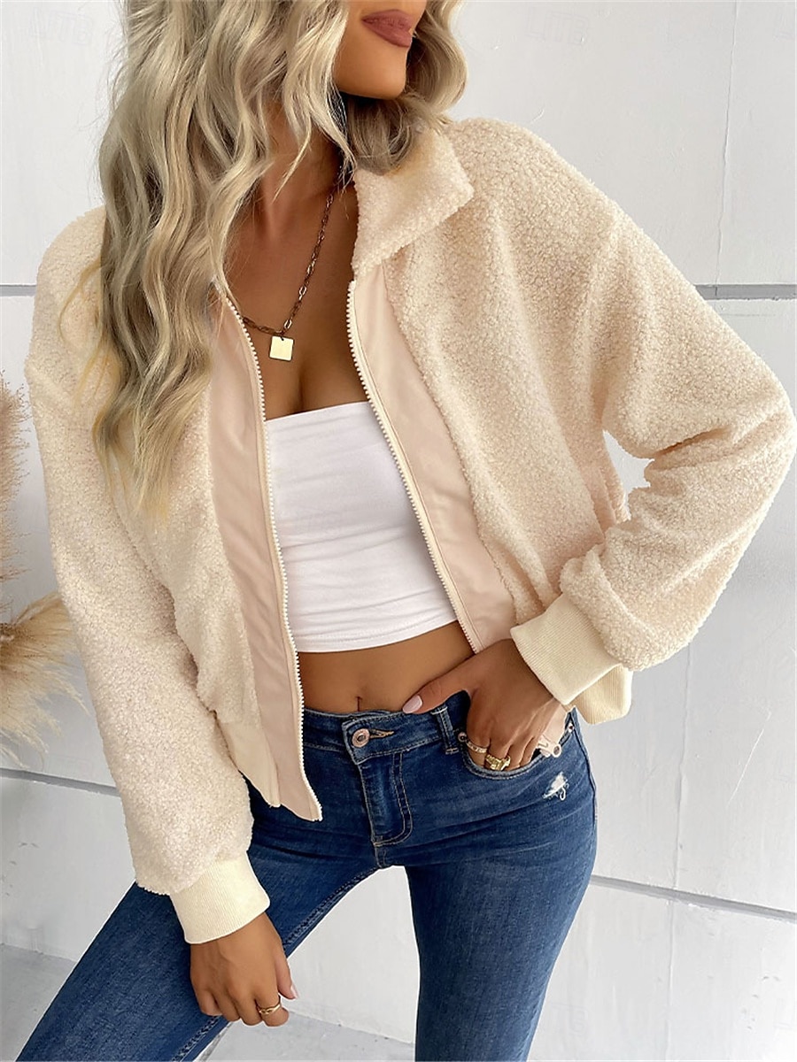 Women's Winter Coat Sherpa Jacket Outdoor Street Daily Wear Fall Winter Short Coat Regular Fit Thermal Warm Breathable Stylish Casual Jacket Long Sleeve Plain with Pockets Full Zip Dark Navy Army 2025 - $52.99 –P5