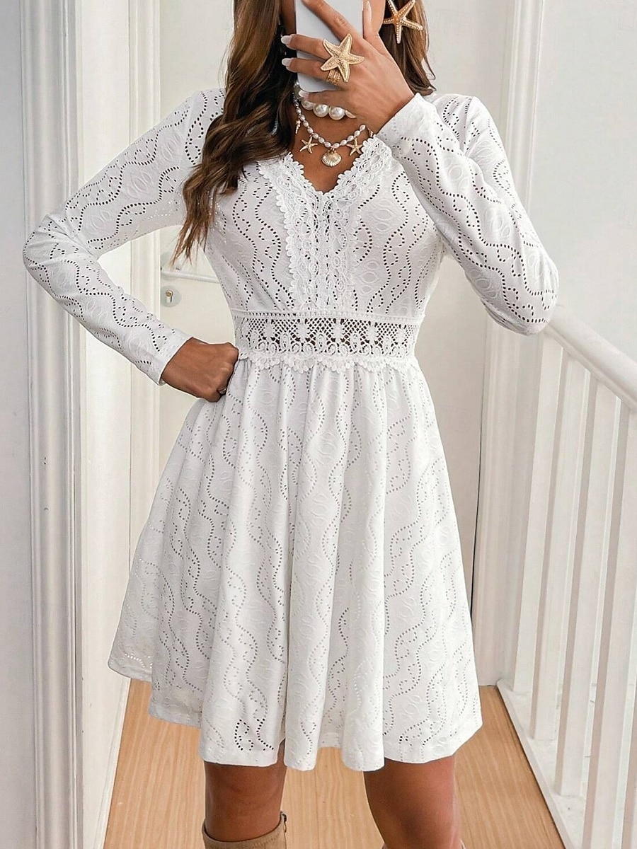 Dames Witte jurk Mini-jurk Kant Lapwerk Casual V-hals Lange mouw Wit Kleur 2025 - $52.99 –P4