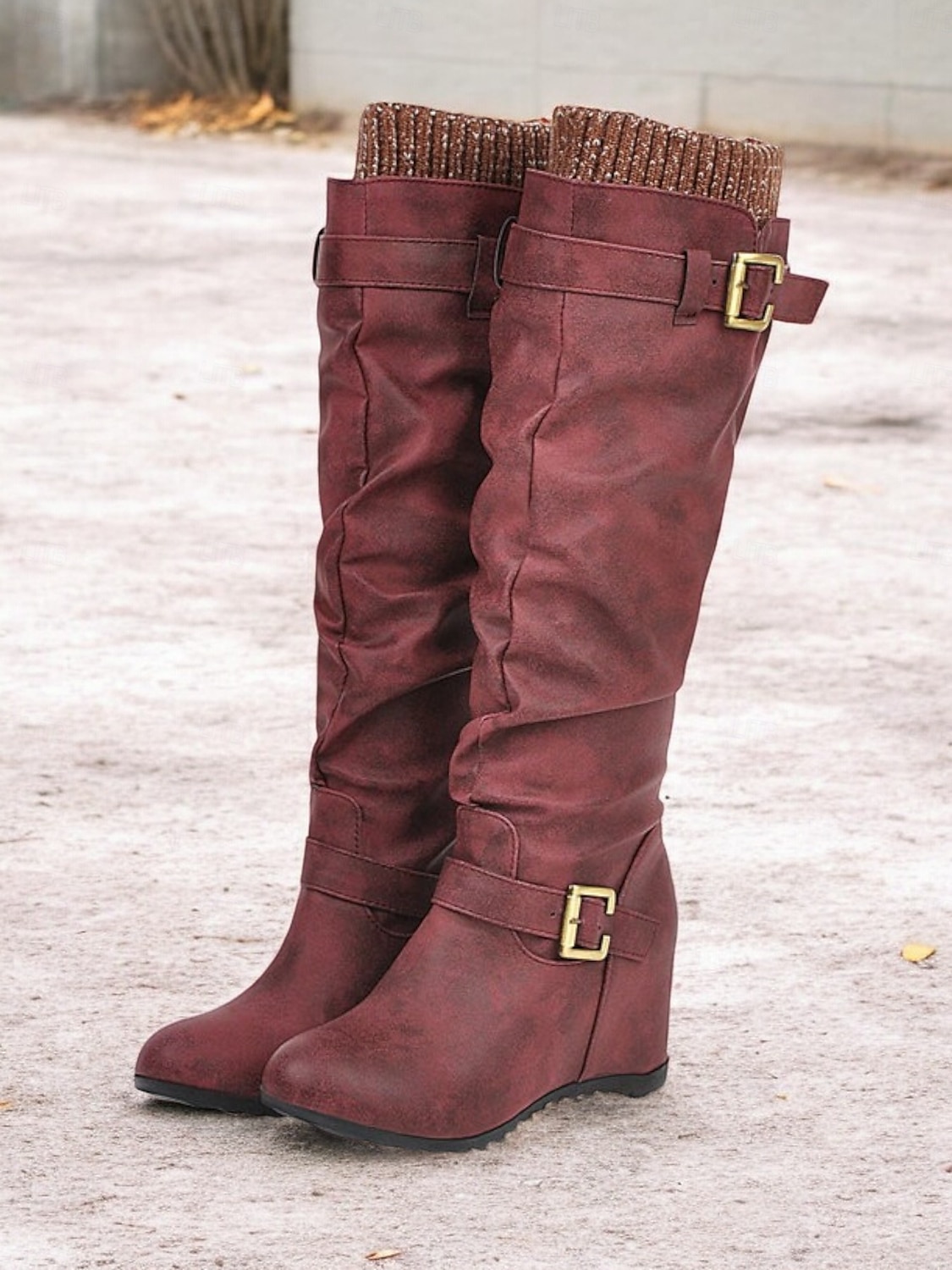Women's Distressed Tan Slouchy Knee-High Boots with Buckle Straps and Wedge Heel – Cozy Winter Boots with Knit Cuff for Casual Outfits 2025 - $54.99 –P6