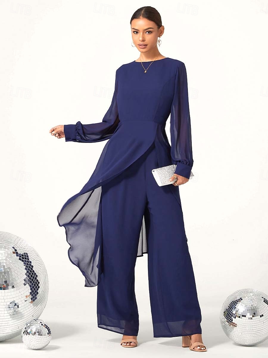 női esküvői vendég jumpsuit elegáns sötétkék hosszú áttetsző ujjú széles láb elegáns esti parti viselet kerek nyakkivágás tavasz nyár ősz 2025 - $59.99 –P1