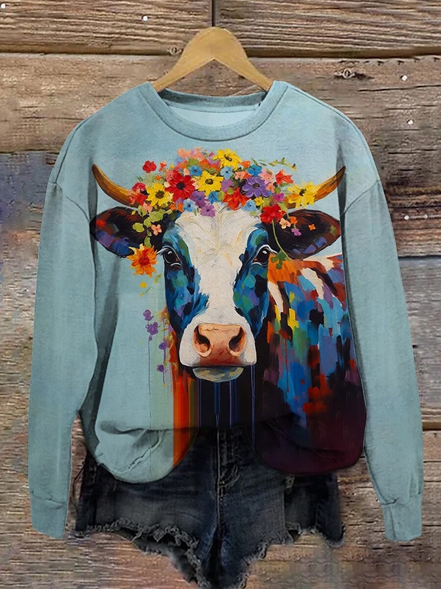 Pullover Damen Casual Kuh Rundhals Print Langarm Blau Herbst Winter 2025 - $24.99 –P1