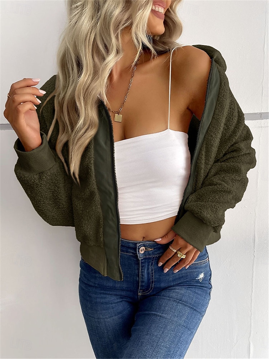 Women's Winter Coat Sherpa Jacket Outdoor Street Daily Wear Fall Winter Short Coat Regular Fit Thermal Warm Breathable Stylish Casual Jacket Long Sleeve Plain with Pockets Full Zip Dark Navy Army 2025 - $52.99 –P12