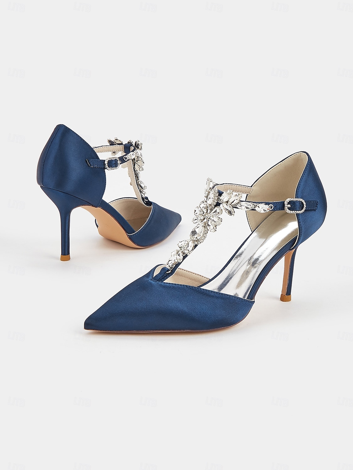 Escarpins à brides en satin bleu marine pour femmes – chaussures de cocktail à bout pointu avec ornements en cristal pour mariages et soirées de 2025 ? $64.99 –P2