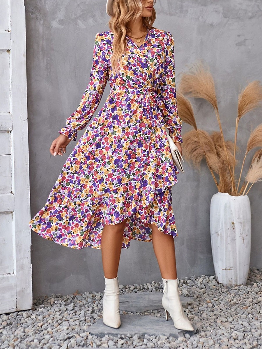 Femme Robe mi-longue Robe casual Robe Évasée Robe Portefeuille Robe Trapèze Décontractées du quotidien Standard Floral manche longue Col V Noir Violet Vert Eté Printemps Automne de 2025 ? $41.99 –P7