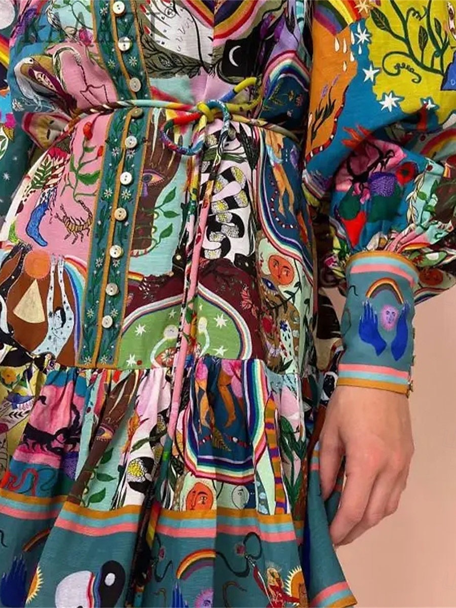 Femme Mini robe Robe casual robe boheme Bohême Rétro Vintage Ethnique du quotidien Standard Floral manche longue Col de Chemise Arc-en-ciel Eté Printemps Automne de 2025 ? $41.99 –P4