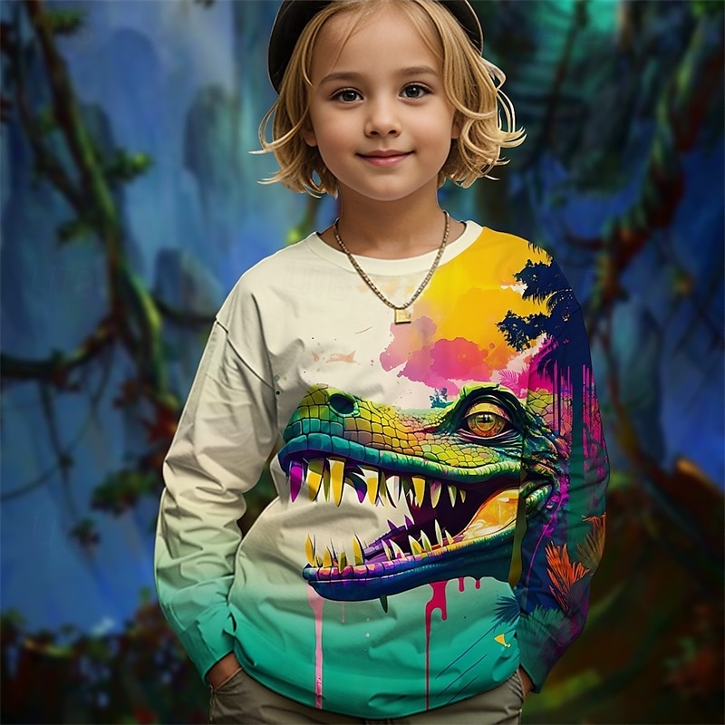 Flickor 3D Grafisk Djur Dinosaurie T-shirt Långärmad Vår Höst Mode Grundläggande Barn 4-12 år Rund hals Utomhus Ledigt Dagligen Normal 2025 - $13.99 –P1