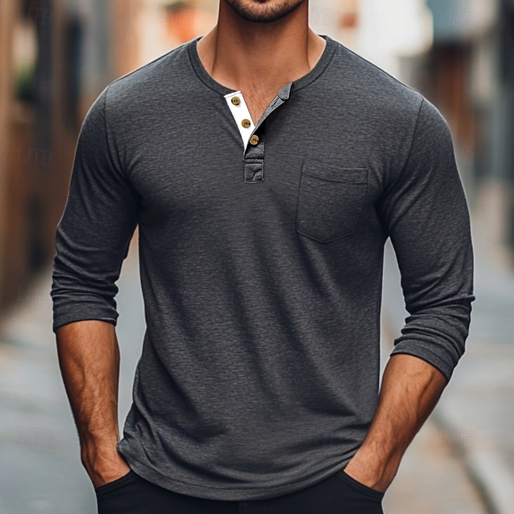 Herr T-shirt Henleytröja Långärmad tröja Slät Henley Gata Dagligen Långärmad Ficka Kläder Mode Designer Ledigt Bekväm 2025 - $18.99 –P9
