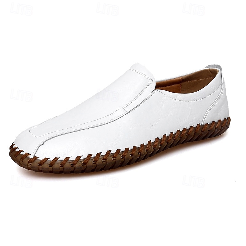 Men's White Faux Leather Slip-On Loafers with Hand-Stitched Sole – Lightweight Casual Shoes for Driving, Walking, and Summer Outfits 2025 - $46.99 –P2