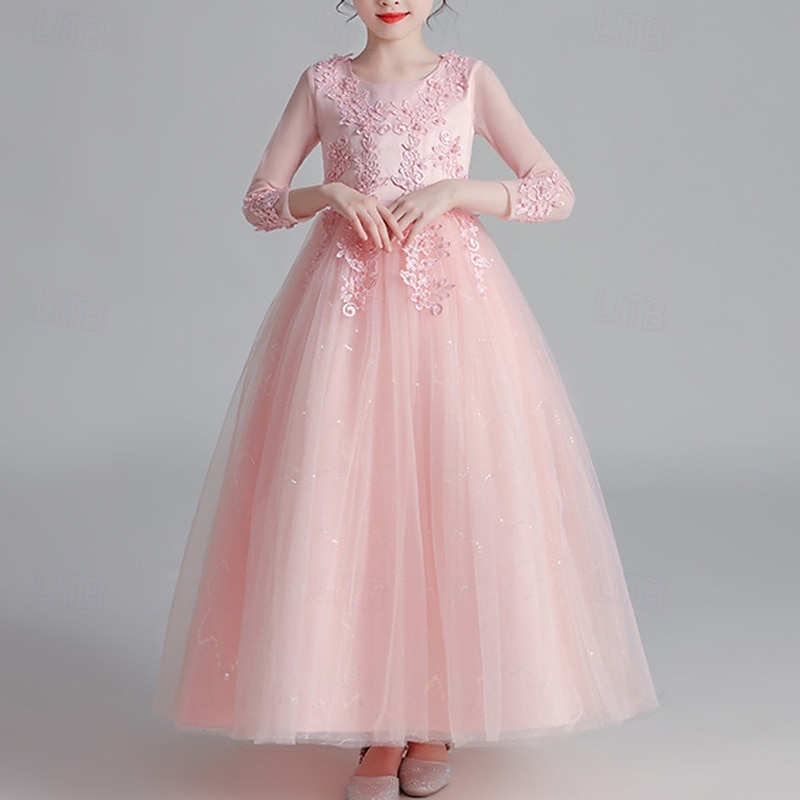 Blumenmädchenkleid Kinder Mädchen Prinzessinenkleid Leistung Hochzeit Party Elegant Schön Gitter Feste Farbe Langarm Rundhalsausschnitt Weinrot Weiß 4 Jahre + 2025 - $43.99 –P8