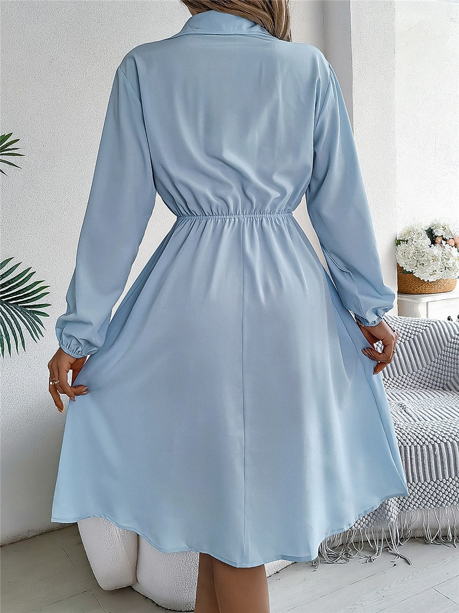 Damen Casual kleid Midikleid Knopf Brautkleider schlicht Hemdkragen Langarm Wein Blau Khaki Farbe 2025 - $31.99 –P2