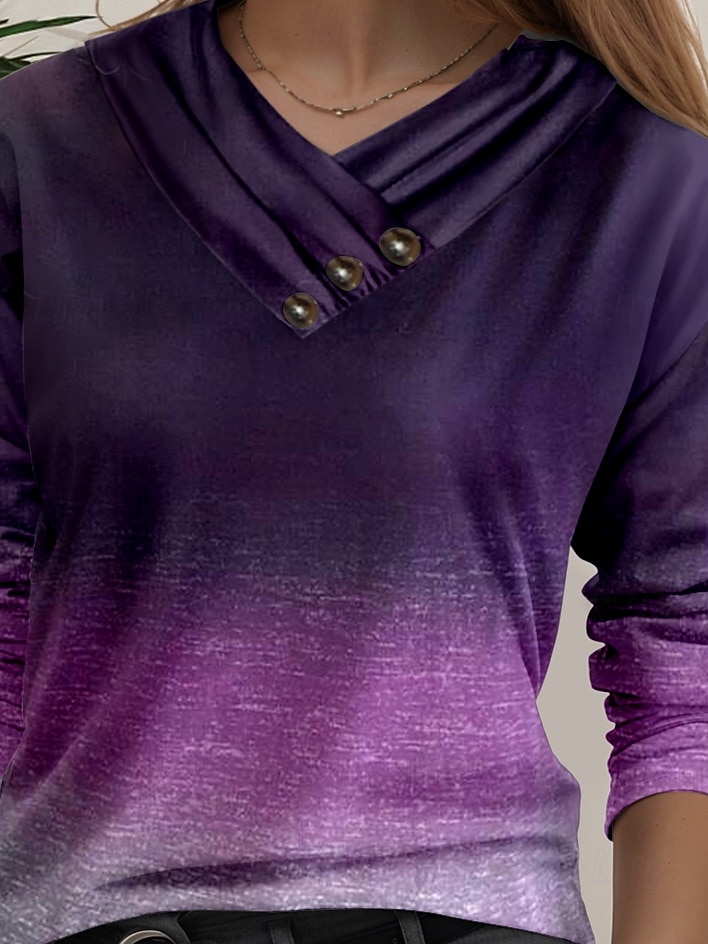 Women's Tunic T Shirt Ombre Stylish Casual Long Sleeve V Neck Regular Tops Daily Buttons Print Purple Spring Fall 2025 - $27.99 –P2