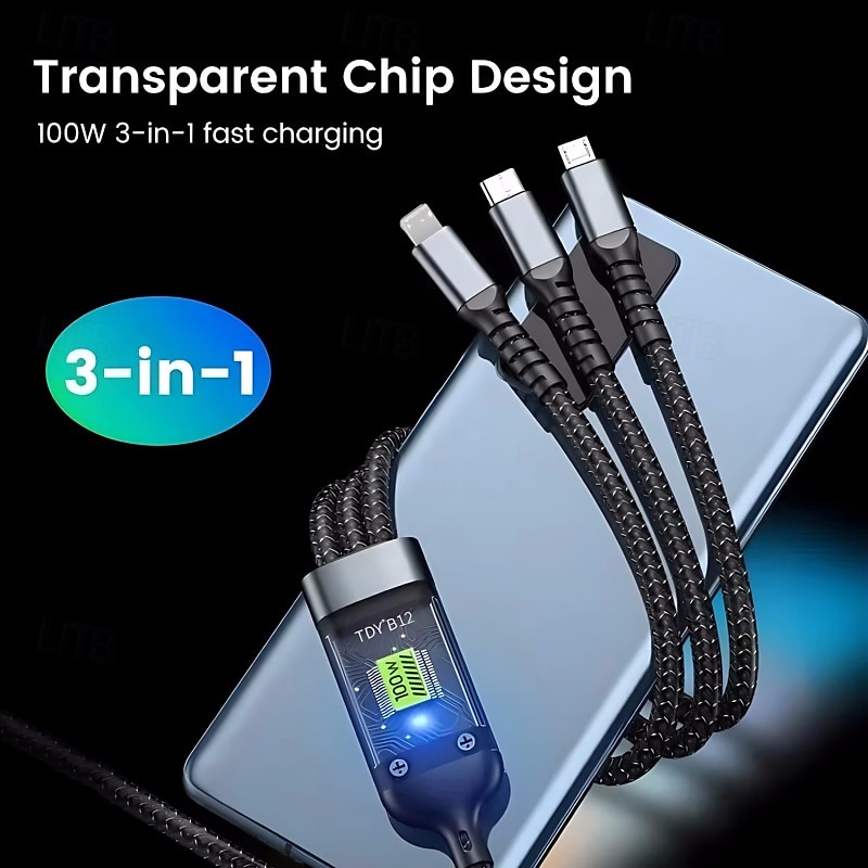 3-in-1 100 watin pikalatauskaapeli älykäs supernopea lataustuki moniliitäntäinen lataus usb visuaalinen virtalatauskaapeli yhteensopiva Applen samsung oppo auton pikalatauskaapelin kanssa 2025 - €10.99 –P1