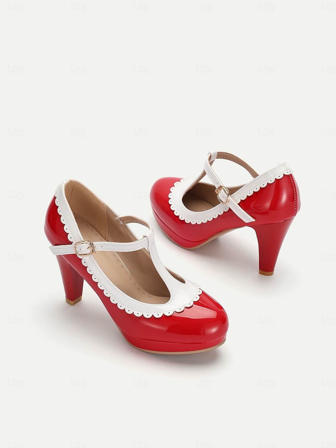 vintage piros lakkbőr mary jane sarkú fehér kagylószegéllyel – női t-pántos cipő cosplayhez, retro bulikhoz és különleges alkalmakra 2025 - $46.99 –P2