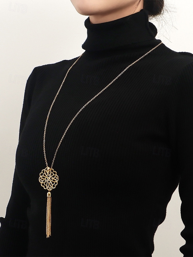 collana lunga da donna in oro con pendente con intricato motivo floreale e accento di nappa - elegante gioiello statement per outfit casual e formali del 2025 a $9.99 –P3