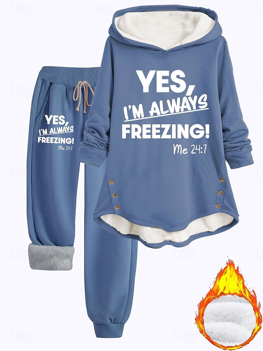 Kvinne 2 deler Loungewear Sett Hettegenser og Joggebukser Casual Kaldt Vær Frase Print med Fleece Fôr Koselig Passform Vinter 2025 - $49.99 –P2