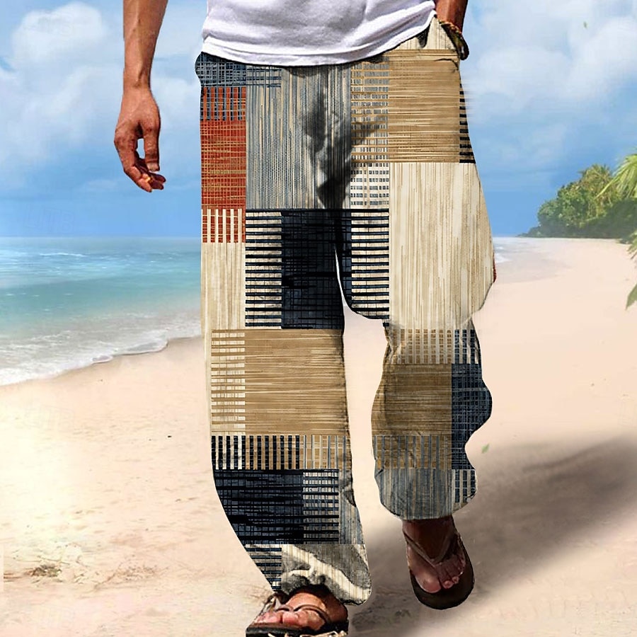 Men's Trousers Summer Pants Beach Pants Drawstring Elastic Waist 3D Print Stripe Graphic Prints Geometry Comfort Casual Daily Holiday Streetwear Hawaiian Yellow Blue 2025 - $27.99 –P7