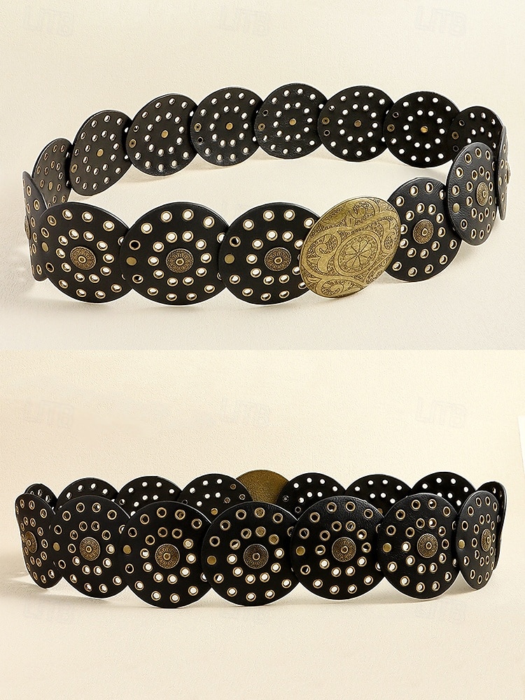 Women's Brown Faux Leather Belt with Perforated Circles and Intricate Metal Buckle - Bohemian Chic Fashion Accessory 2025 - $18.99 –P6