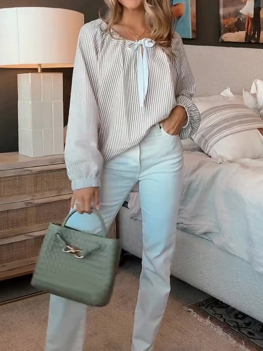 Damen Hemd Bluse Druck Gestreift Basic Lässig Langarm Rundhalsausschnitt Normale Oberteile Täglich Rosa Khaki Leicht Blau Frühling & Herbst 2026 - $32.99 –P4