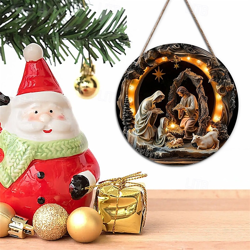 cartello rotondo in legno con natività di Gesù, battesimo, decorazione da appendere alla porta per camera da letto e soggiorno del 2025 a $7.99 –P4