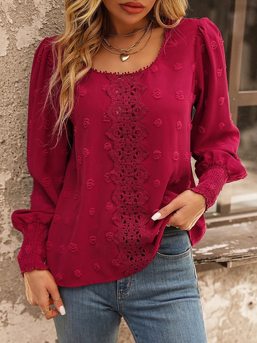 Top Eleganti in Pizzo per Donna con Occhielli Maglietta Casual di Colore Solido Maniche Lunghe Collo a Giro Pizzo Patchwork Regolare Fit Giornaliero Romantico Petite Top Estivi da Vacanza Rosso del 2025 a $29.99 –P1