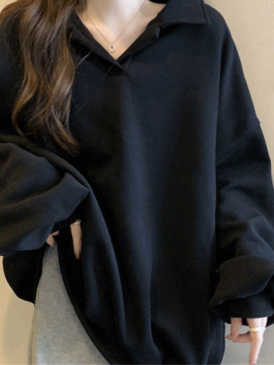 felpa da donna casual semplice strada abbigliamento quotidiano scollo a V manica lunga nero bianco caffè autunno inverno del 2025 a $21.99 –P4