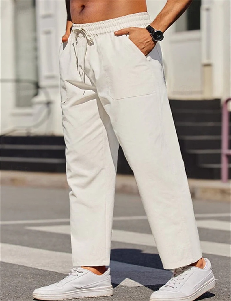 Hombre Pantalones de lino Pantalones Pantalones de verano Correa Cintura elástica Pierna recta Plano Comodidad Transpirable Longitud total Exterior Casual Diario Moda Negocios Negro Blanco 2026 - $25.99 –P9